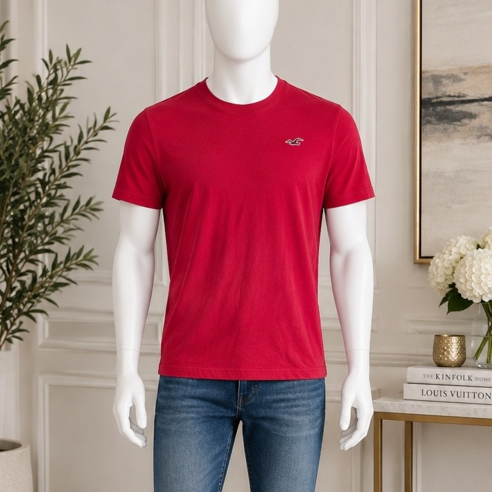 Hollister Mens T-Shirt Red Solid Logo Must-Have Collection Size Medium